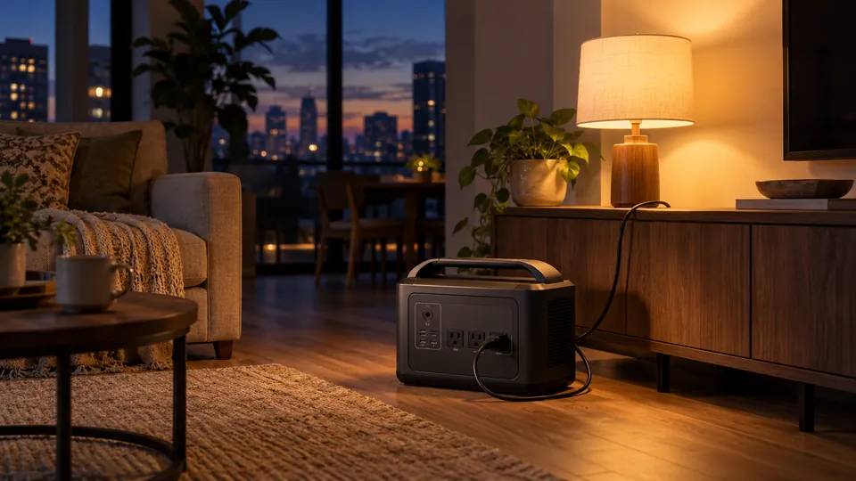 A portable power station powering a single table lamp in a living room during an outage at dusk.